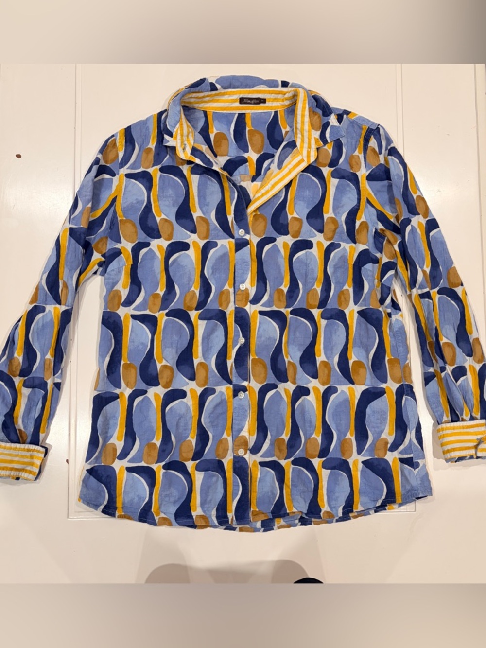 J. McLaughlin Women’s Navy Mustard Geometric Button-Up Summer Shirt Size Medium